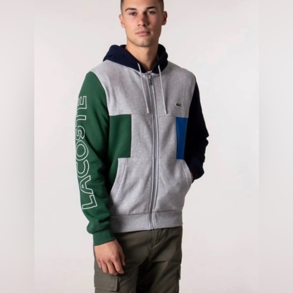 Lacoste Men’s Color-block Zippered Fleece Hoodie Sweatshirt size 4XL Green Blue - Picture 1 of 9